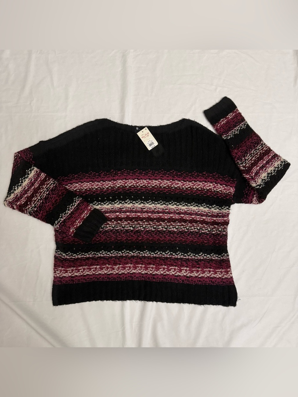 Lucky Brand Striped Boat Neck Knit Sweater Black Berry Cream NWT XL
